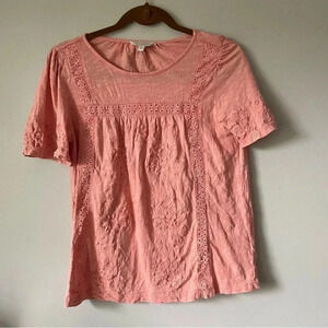 Lucky Brand  | Distressed Puff Sleeve Embroidered Top